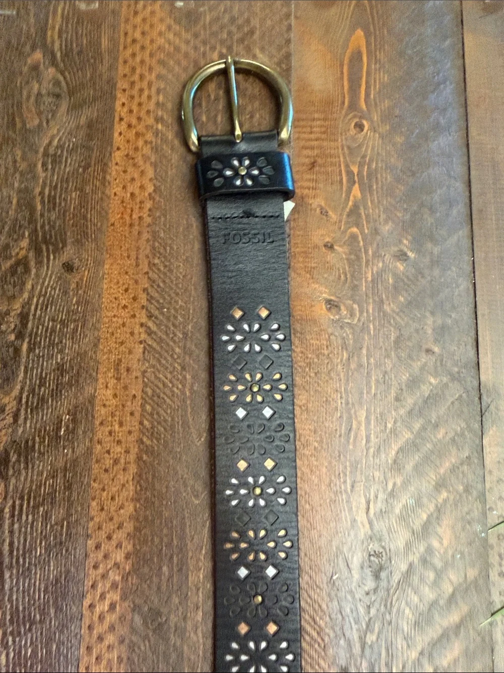 Fossil Black Leather Floral Laser Cut Out Studded Boho Wide Belt Size Medium M